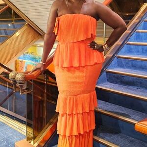 Orange Strapless Ruffled Maxi Gown